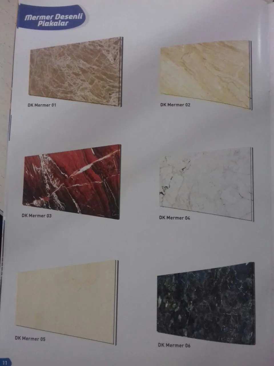 Katalogda altı farklı mermer desenli panel numunesi