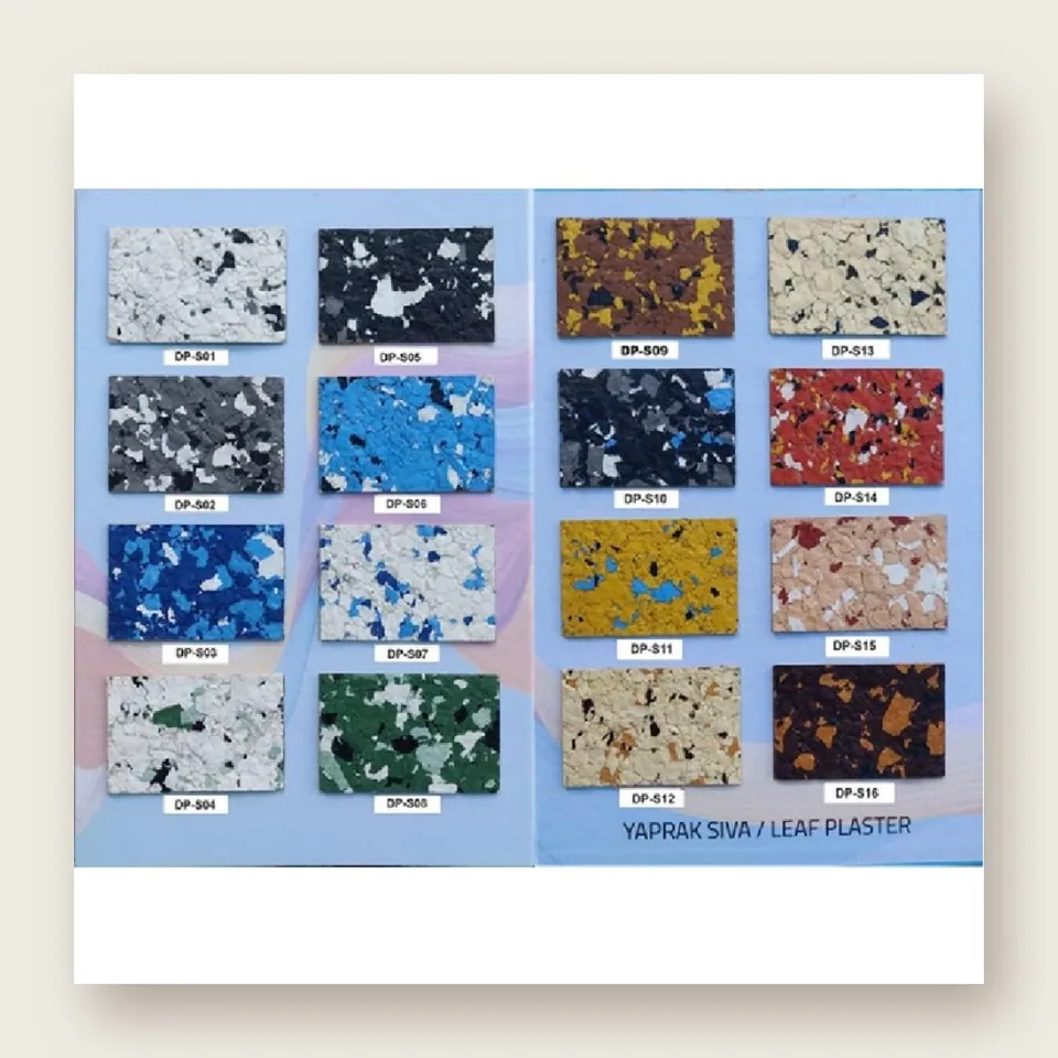 Catalogue page showing flake-textured crystal ceramic plaster samples